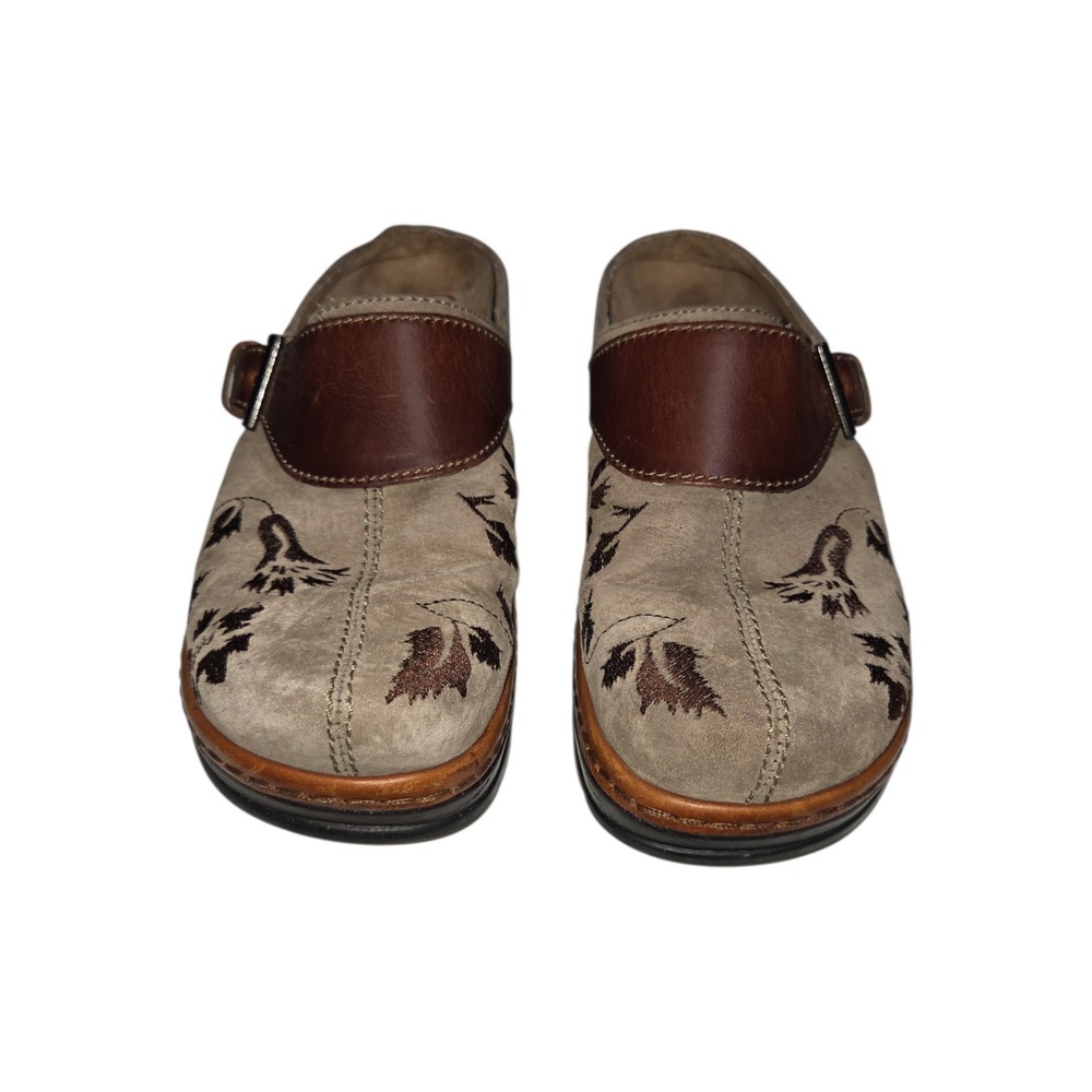 Klogs Clogs Women 8.5M Taupe Floral Embroidered Leather Suede Buckle Mules